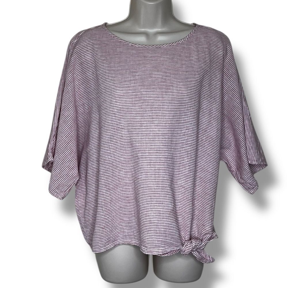 Beachlunchlounge Red White Stripe Linen Blend Side Tie Dolman Sleeve Top Medium
